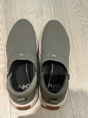 Ryka Olive-Green Knit Slip-On Sneakers with White Midsole and Brown Accents